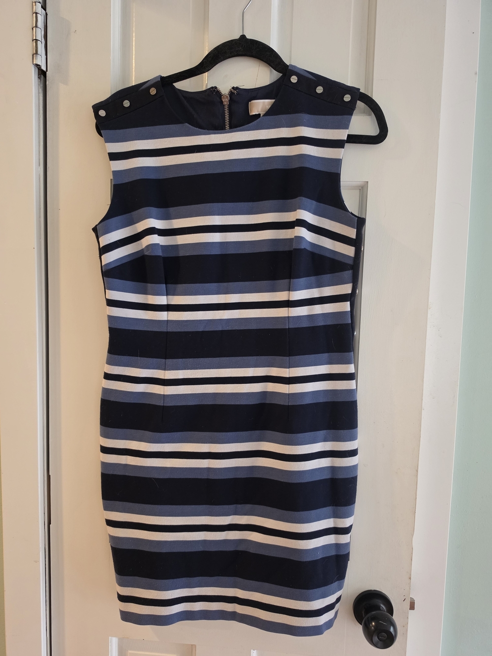 MICHAEL Michael Kors Navy, Light Blue & White Striped Midi Sheath Dress - Picture 1 of 5